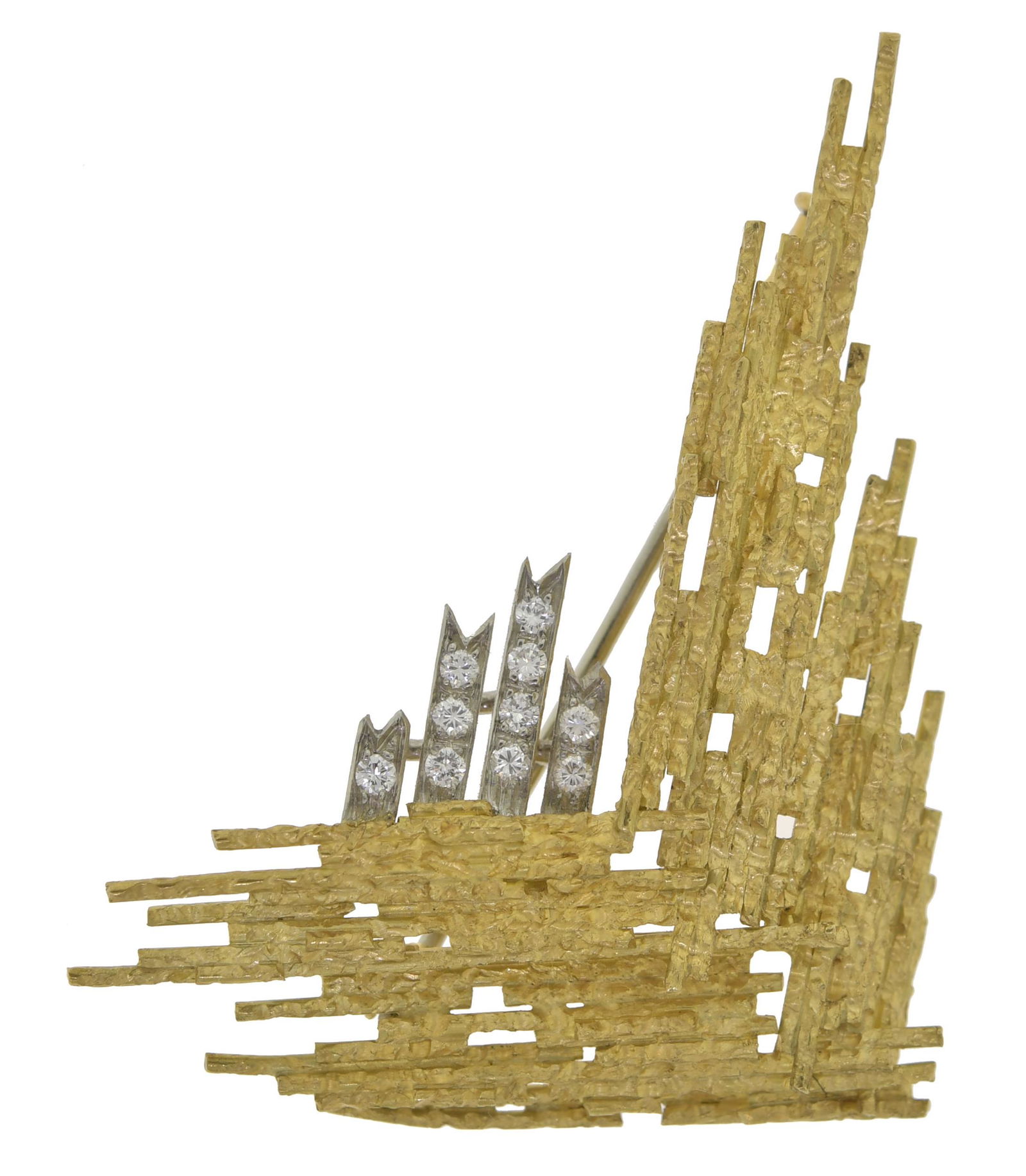 MODERNIST 18K GOLD PIN, SIGNED GRIMA.: Andrew Grima pin, platinum bars are bead set with approx. .25 ct. tw. round brilliant cut diamonds, 2 1/4 in., 13.1 grams.