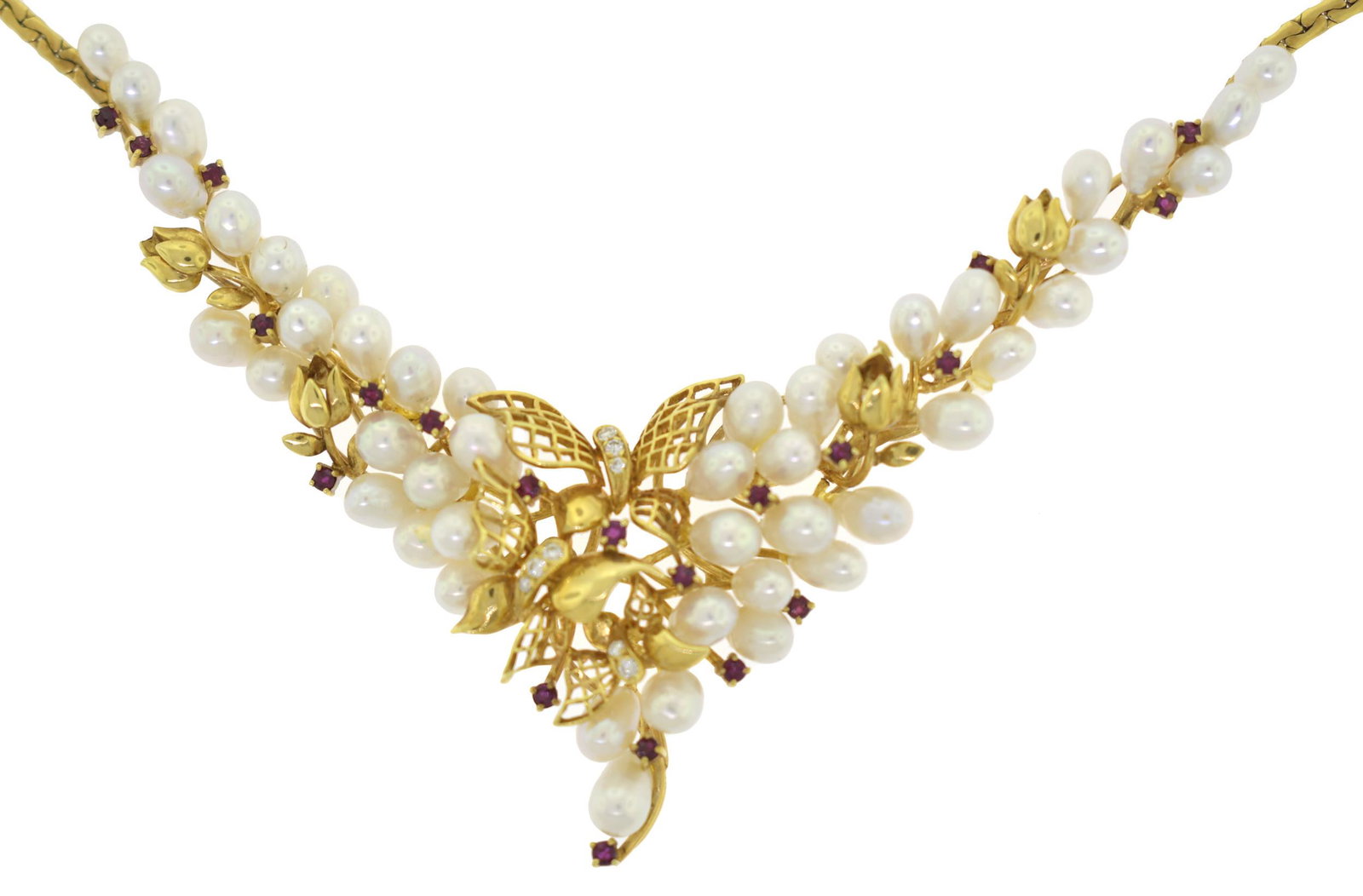 18K FLORAL RUBY, DIAMOND AND PEARL NECKLACE. (1 of 6)