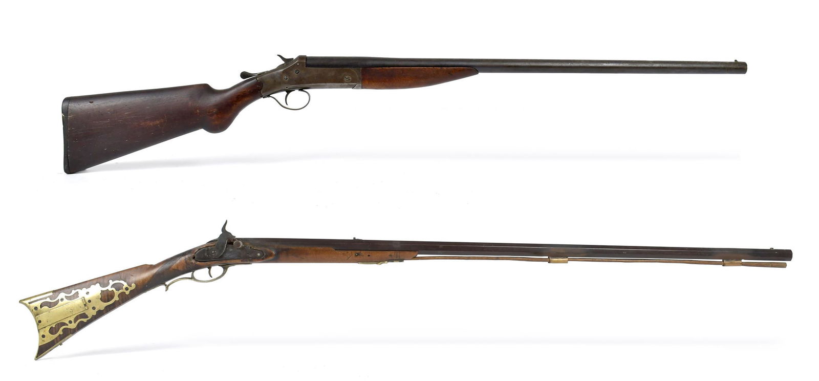 19TH C. PERCUSSION LONG GUN AND BREAK ACTION SHOTGUN.: A 19th C. percussion long rifle with octagonal barrel and ammunition pocket in butt stock. Barrel 38”L. Overall 53”L. Along with a Stevens Army Company likely 12 gauge break action shotgun