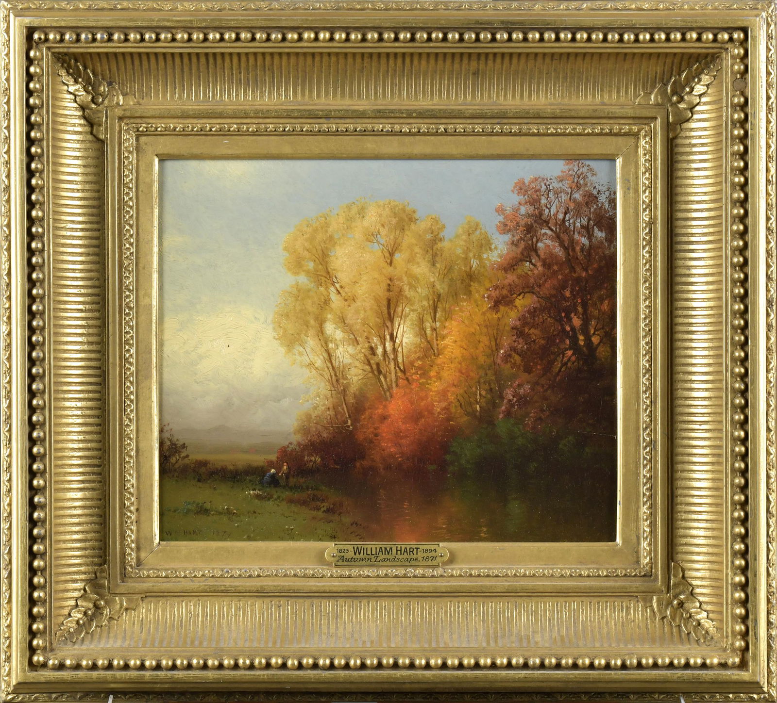 WILLIAM HART, OIL, AUTUMN LANDSCAPE 1871.: William Hart (1823 - 1894) oil on wood board, autumn landscape with figures by river side, signed lower left Wm. Hart 1871, with Godel & Co. NYC label on reverse. Board 9” x 10.25”, overal