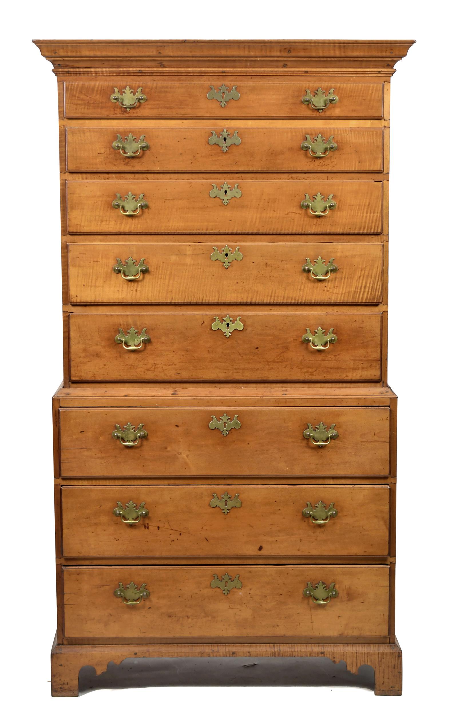 CHIPPENDALE CURLY MAPLE CHEST ON CHEST, CA 1780. (1 of 13)