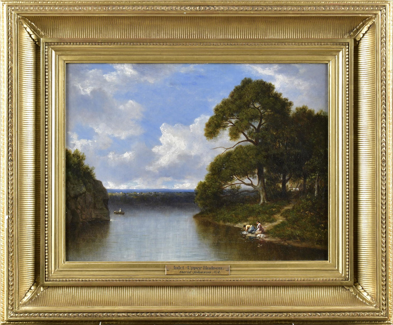 DAVID JOHNSON OIL, UPPER HUDSON RIVER.: David Johnson (NY, 1827 - 1908). A fine oil on canvas, â€œInlet, Upper Hudson,” depicting figures washing clothes at river side, initialed lower right DJ, signed on back David Johnson, with