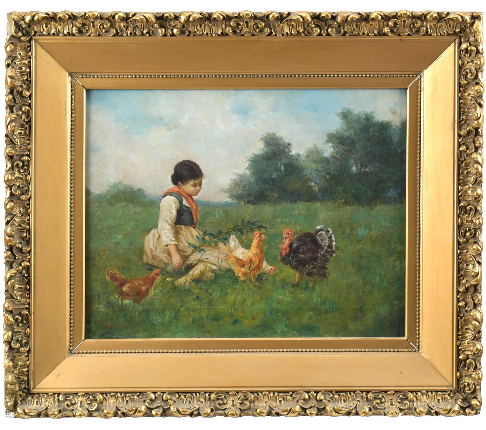 19TH C. OIL ON CANVAS, YOUNG GIRL WITH CHICKENS. (1 of 7)