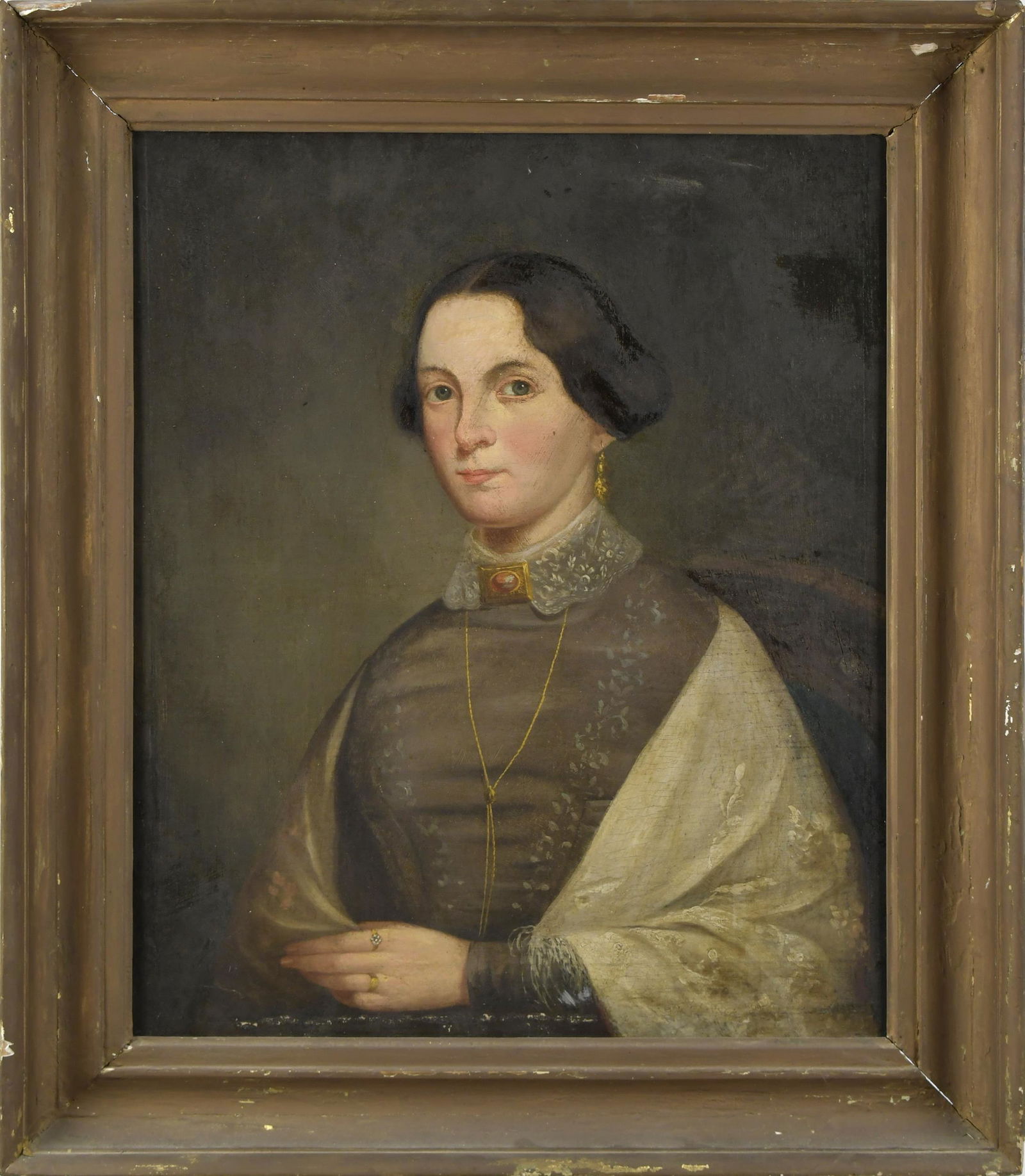 19TH C. AMERICAN O/C, MRS. HOWARD OF BOSTON, MA.: A 19th C. oil on canvas portrait of Mrs. Howard (Boston), with clipping from the Boston Herald , Feb 1938 “Concerning John Singleton Copley To be Placed in the back of the canvas of this portrai