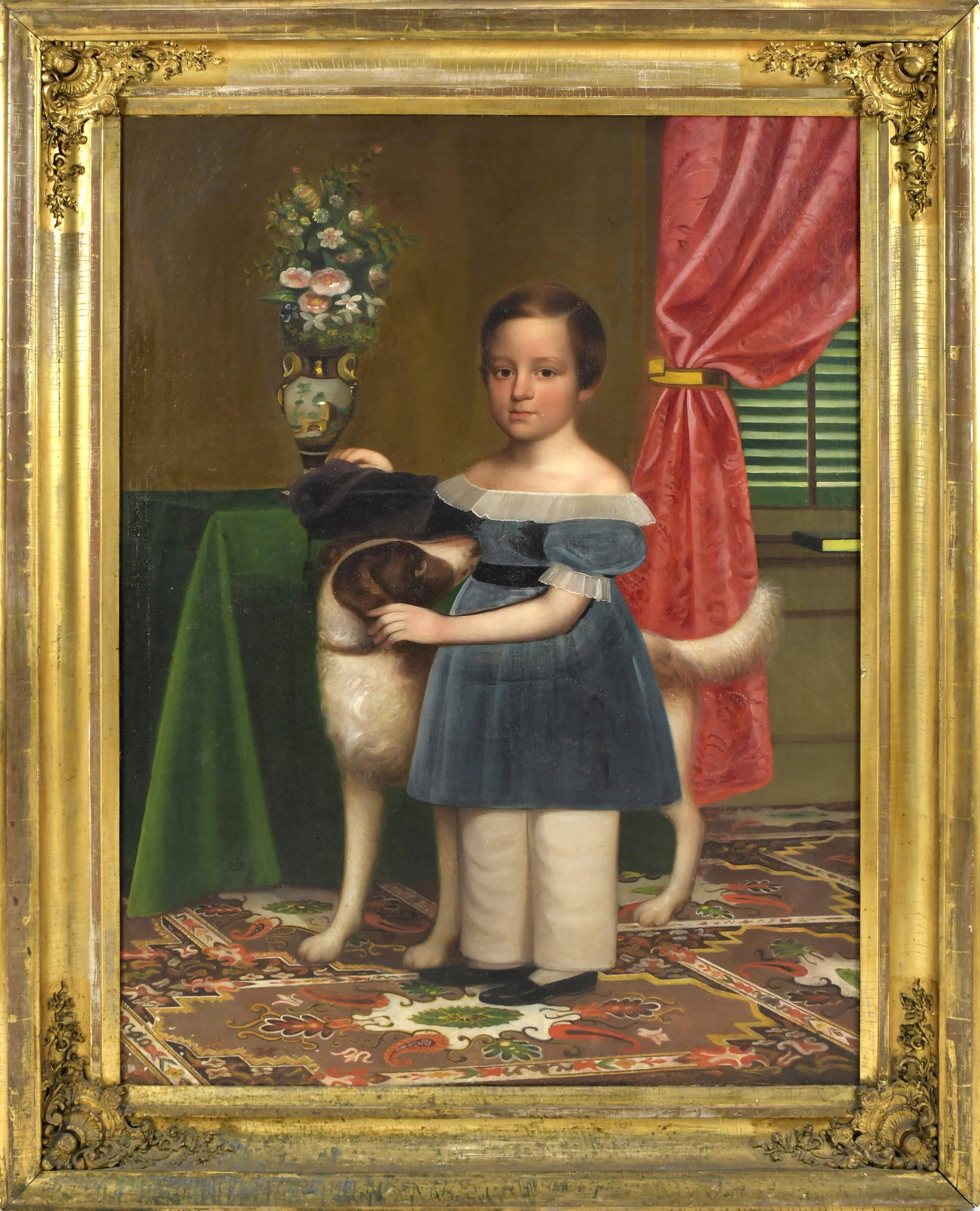 19TH C. FOLK PORTRAIT, JOSEPH WHITING STOCK.: 19th C. American School oil on canvas laid on board, attributed to Joseph Whiting Stock. Interior scene depicting a full length child in blue dress with dog, red drape and floral urn in background, on