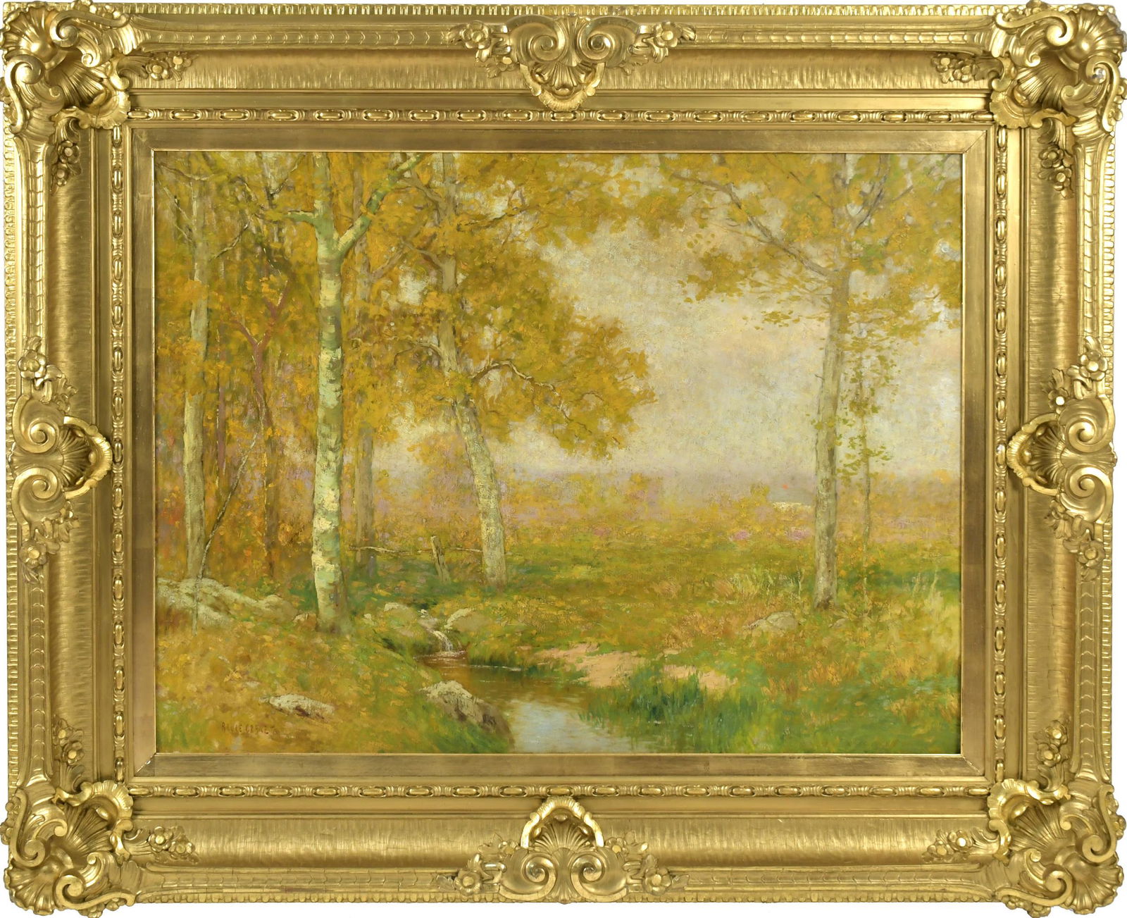 EXCEPTIONAL BRUCE CRANE O/C, AUTUMN LANDSCAPE.: An impressive, large exhibition size, Bruce Crane (CT, 1857 - 1937) oil on canvas, autumn landscape with birches by stream, signed lower left, Bruce Crane. Canvas 34.25” x 45”, In a grand