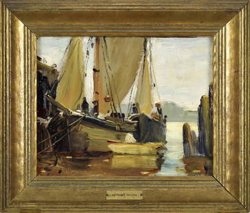 ANTHONY THIEME OIL ON BOARD, HARBOR SCENE.: Anthony Thieme (MA, 1888 - 1954) oil on board, (likely) Gloucester MA harbor scene, signed lower left A. Thieme, with signed study on reverse. Image 8” x 10”, Overall 12” x 13.5̶