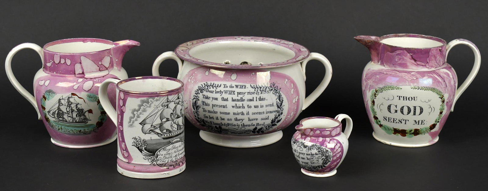SUNDERLAND LUSTRE, 5PCS.: Five pieces of Sunderland Lustre, including: chamber pot with frog on interior 10.5”L, mug with ship and frog on interior 4.5”H, two pitchers with ship and verse 5.5”H and 5.75&rdquo