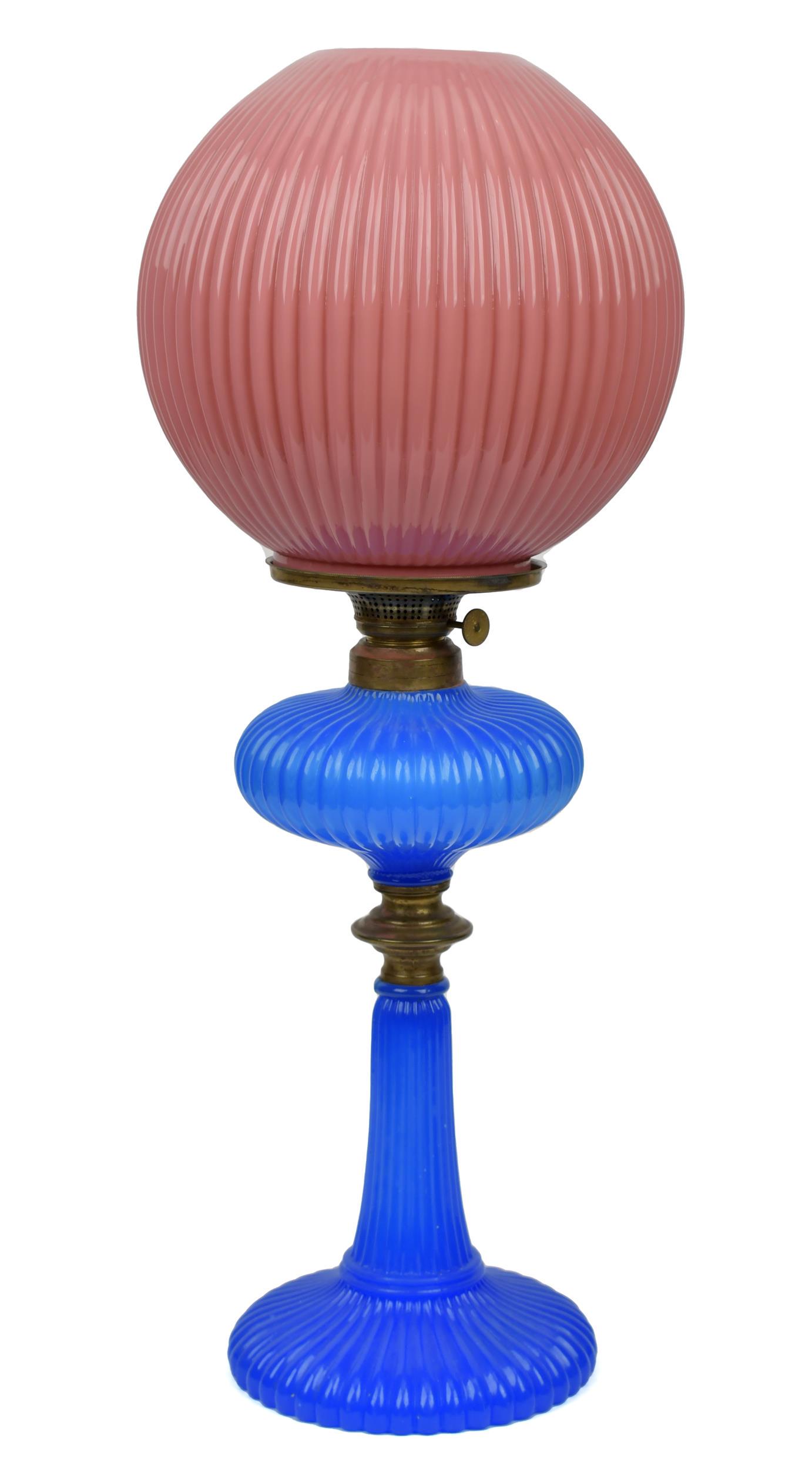 EATON ONION BLUE SANDWICH GLASS OIL LAMP, CA. 1870 (1 of 8)
