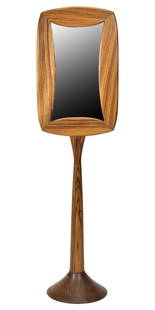 WENDELL CASTLE STYLE FLOOR MIRROR.: Mid-century double sided floor mirror in the style of Wendell Castle, in exotic tropical wood, signed on bottom, Robin. 69&#8221;H x 19&#8221;W.