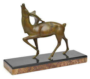 MICHEL DECOUX ART DECO BRONZE ELK SCULPTURE.: Michel Decoux (Belgium, 1837 - 1924) bronze sculpture of elk, on a black stone and rouge marble base signed, Decoux. Overall 9.5”H x 12.25”L.