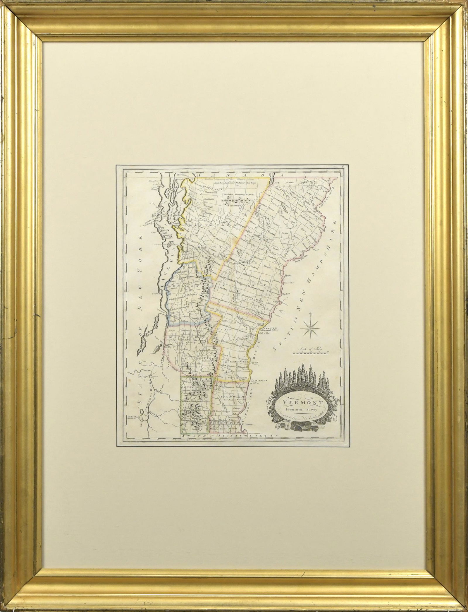 1796 MATTHEW CAREY ATLAS MAP OF VERMONT.: 18th C. hand colored “Map of Vermont from Actual Survey, Delineated and Engraved by Amos Doolittle” (1754-1832). Engraved for Carey’s American Edition of Guthrie’s Geography Im