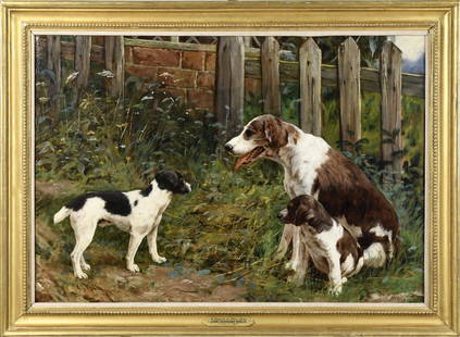 LARGE JOHN SARGANT NOBLE OIL, DOGS.: John Sargent Noble (UK, 1848 - 1896) oil on canvas depicting a mother dog with two young pups, signed lower left, JS Noble 1876. Canvas 27” x 40”, Overall in a gilt frame 33” x 46