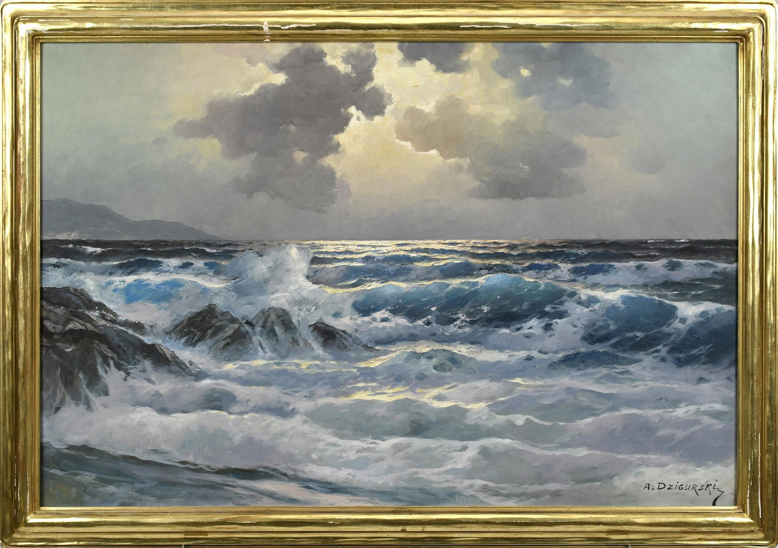 ALEXANDER DZIGURSKI O/C, CA CRASHING WAVES.: Oil on canvas, crashing waves on a California rocky shoreline, signed lower right A. Dzigursky, Image 24” x 36”, Overall in a gilt frame 28” x 40”.