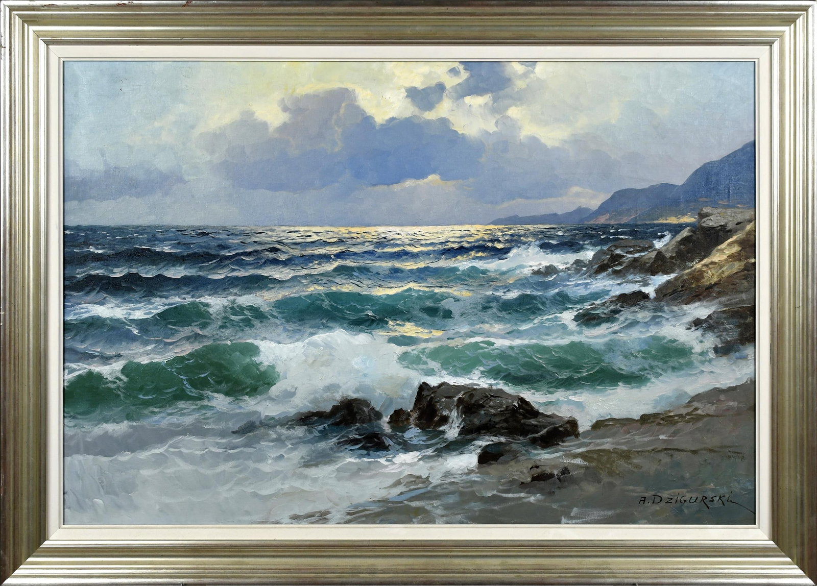 ALEXANDER DZIGURSKI, O/C, CA SHORE LINE.: Oil on canvas, waves on rocky CA shoreline, signed lower right A. Dzigursky, Image 24” x 36”, Overall in a silvered frame 30”x 41”.