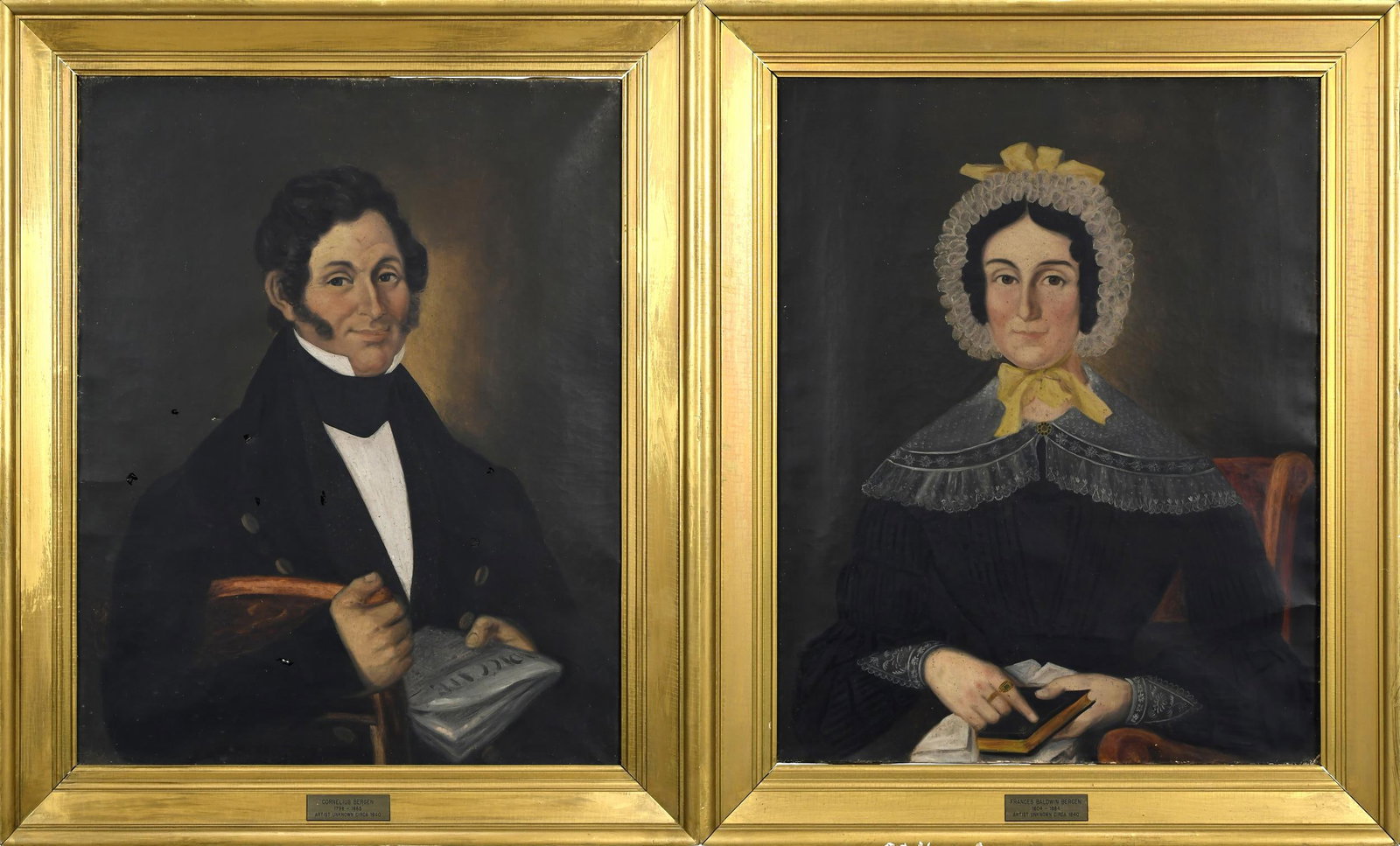 1840 BERGEN FAMILY NEW YORK PORTRAITS.: A pair of ca. 1840 portrait paintings on canvas of Cornelius Bergen and Frances Baldwin Bergen, farmers of Brooklyn NY, with info on reverse. Image approx. 34” x 27”, Overall in period and