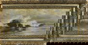 SIGNED A.T. BRICHER OIL PAINTING, WAVES AND ROCKS.