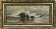 SIGNED A.T. BRICHER OIL PAINTING, WAVES AND ROCKS.