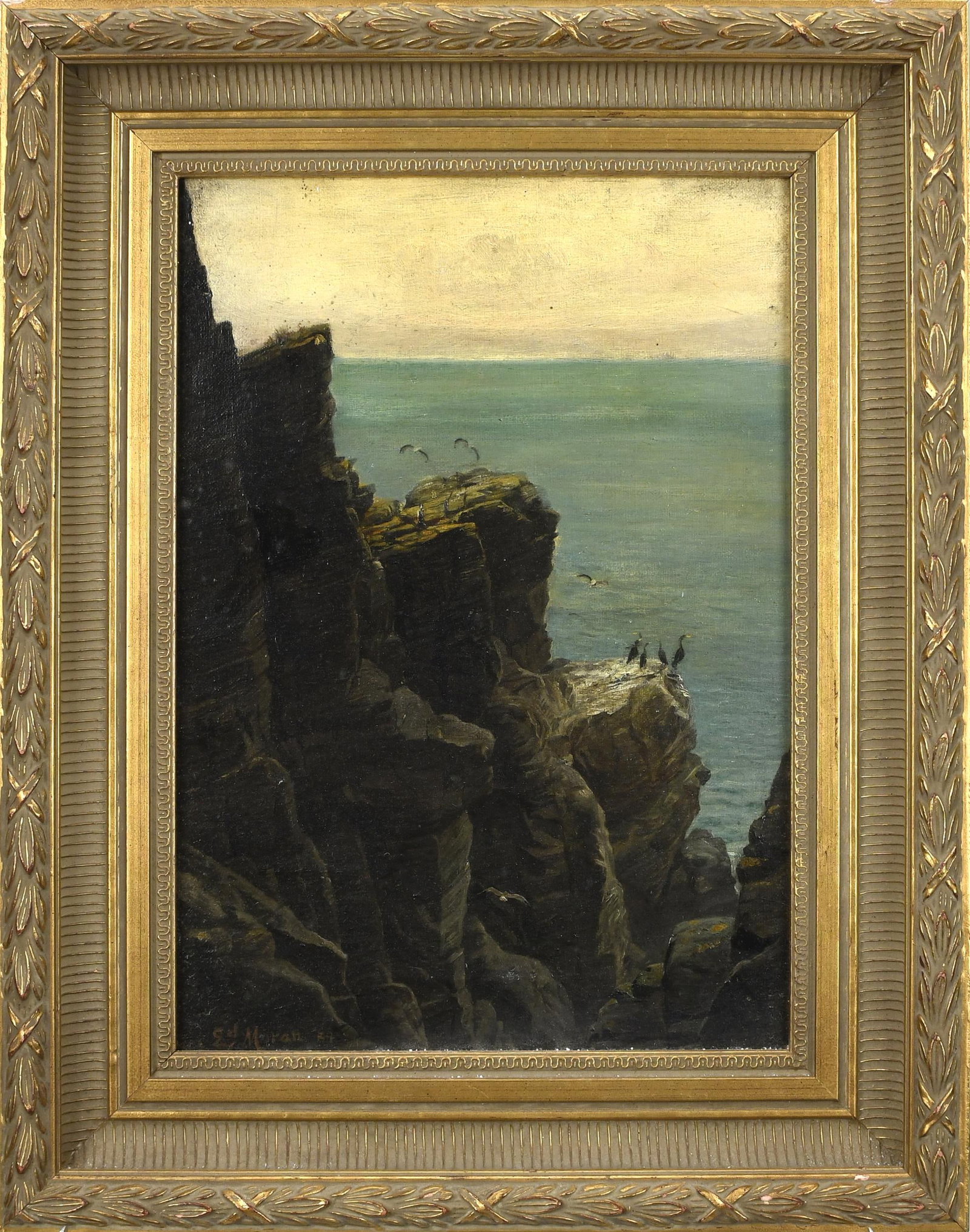 EDWARD MORAN OIL, COASTAL SCENE.: Edward Moran (Am. 1829-1901) oil on canvas, coastal scene with birds, signed lower left Ed Moran 89, Image 14” x 10”, Overall 19” x 15”.
