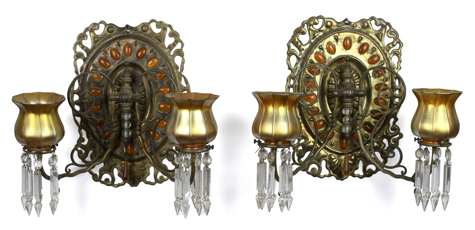 Pr. Of Jeweled Wall Sconces, Quezal Shades. Auction