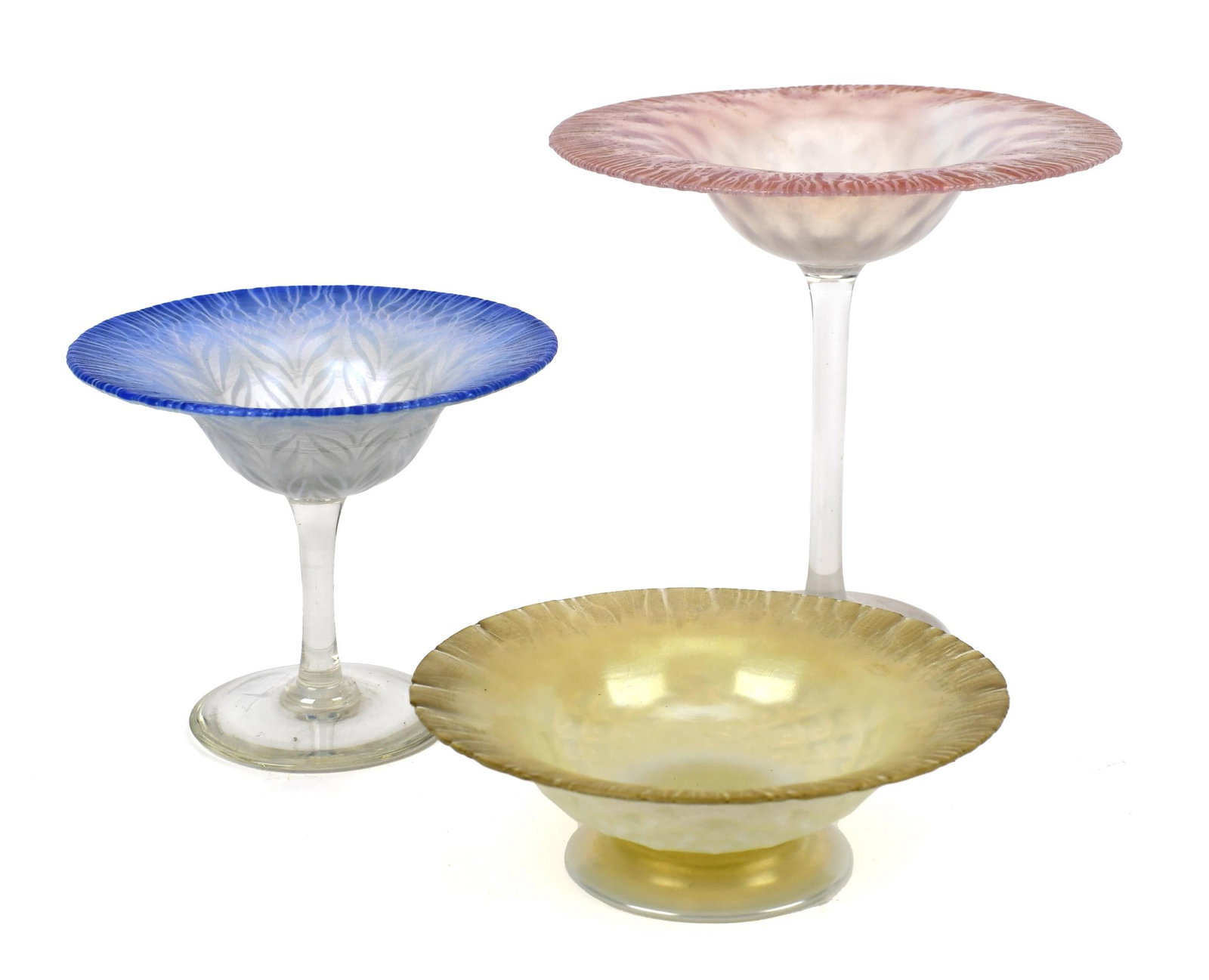 THREE ANTIQUE TIFFANY FAVRILE GLASS COMPOTES. (1 of 6)