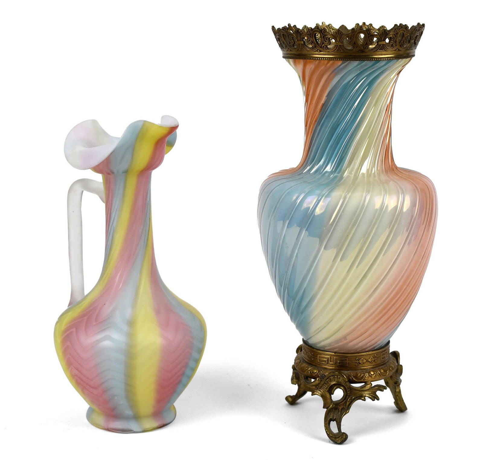 Antique Rainbow Glass Ewer And Vase. Auction