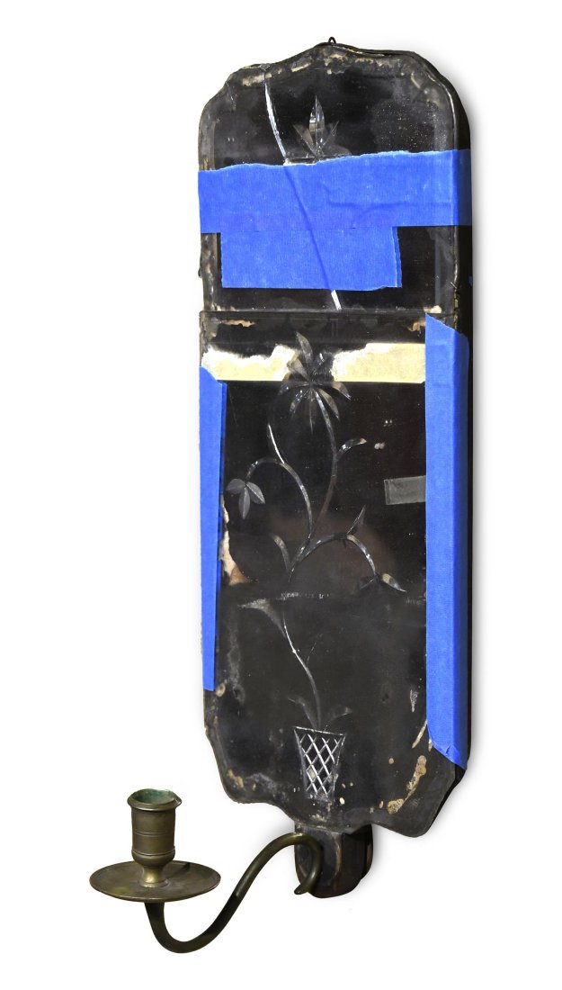 18TH C. ENGRAVED MIRRORED GLASS CANDLE SCONE. (1 of 8)