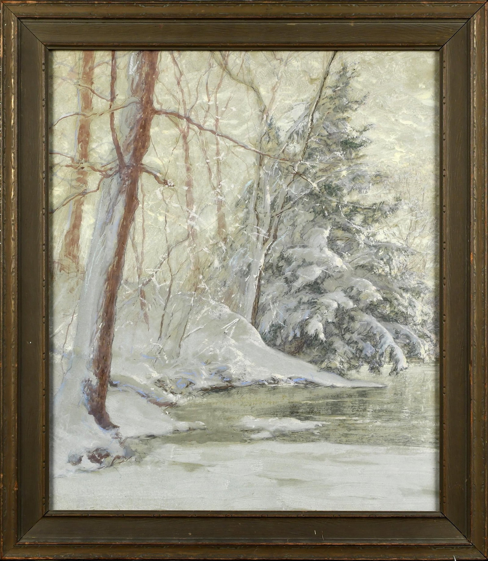 WALTER LAUNT PALMER PASTEL, WINTER LANDSCAPE.: Walter Launt Palmer (1854 - 1932) pastel on paper, snow covered trees by river’s edge, faintly signed lower left, W. L. Palmer. Image 19.5” x 16.5” Overall 24” x 21”.