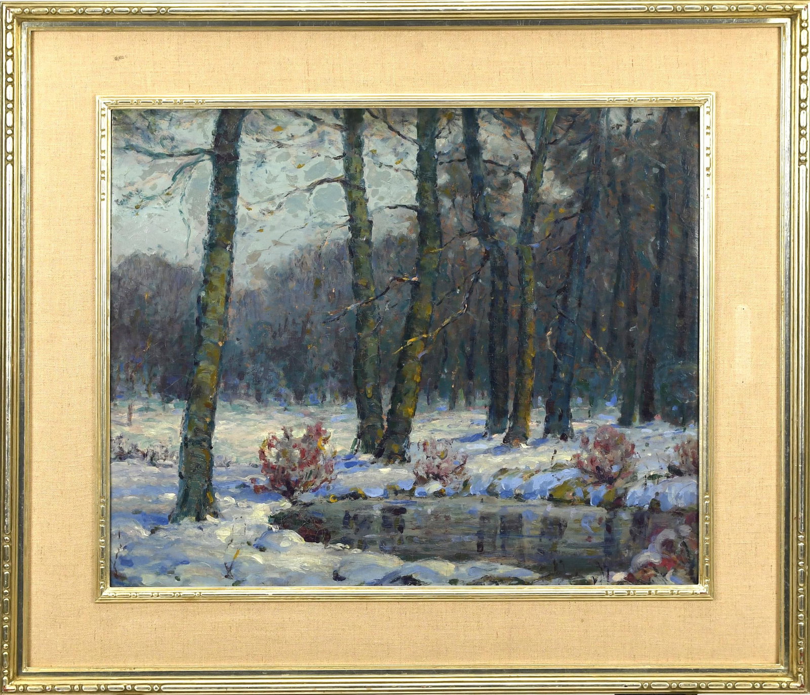 20TH C. OIL, WINTER LANDSCAPE, ATTRIB. JOHN CARLSON.: 20th C. oil on canvas, winter landscape with stream and trees, signed on stretcher John F. Carlson, no visible signature on canvas, Image 20” x 24”, Overall 28.5” x 33”.
