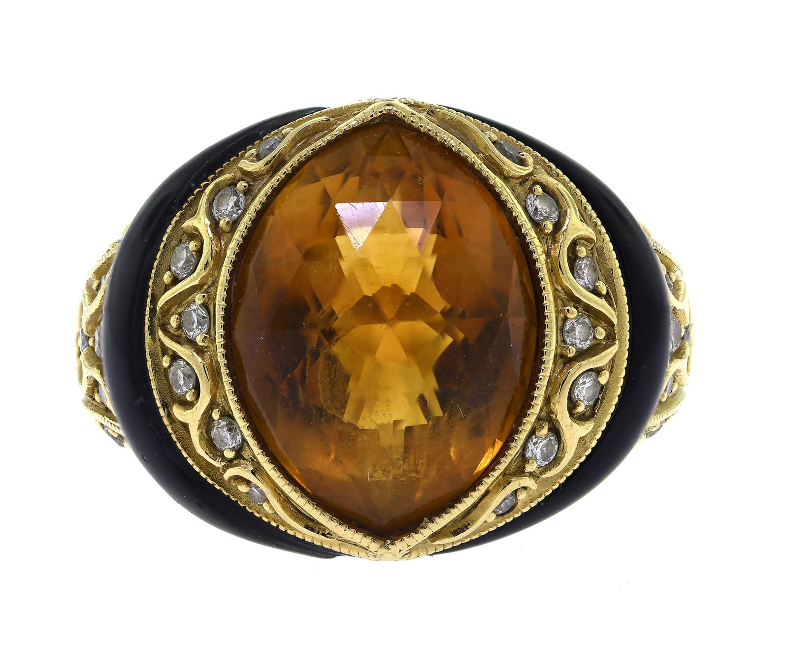 18K GOLD CITRINE, DIAMOND BLACK ONYX RING.: The 'Eye of the Tiger'. This ring almost resembles a cat's eye, set with a modified checkerboard top medium dark yellowish orange citrine that is flanked by 'lids' of black onyx and set off by twinkli