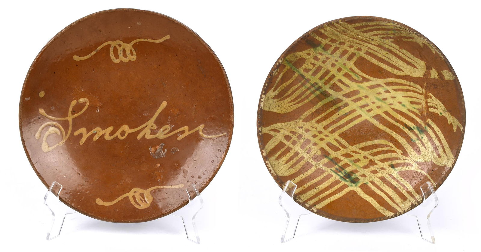 TWO 19TH C. SLIP DECORATED REDWARE PLATES.: Mid-19th C. Pennsylvania yellow slip decorated round plate, with lettering 'Smoken' 12.25” dia., and a mid-19th C. redware shallow bowl with yellow and green slip decoration and a crimped edge,