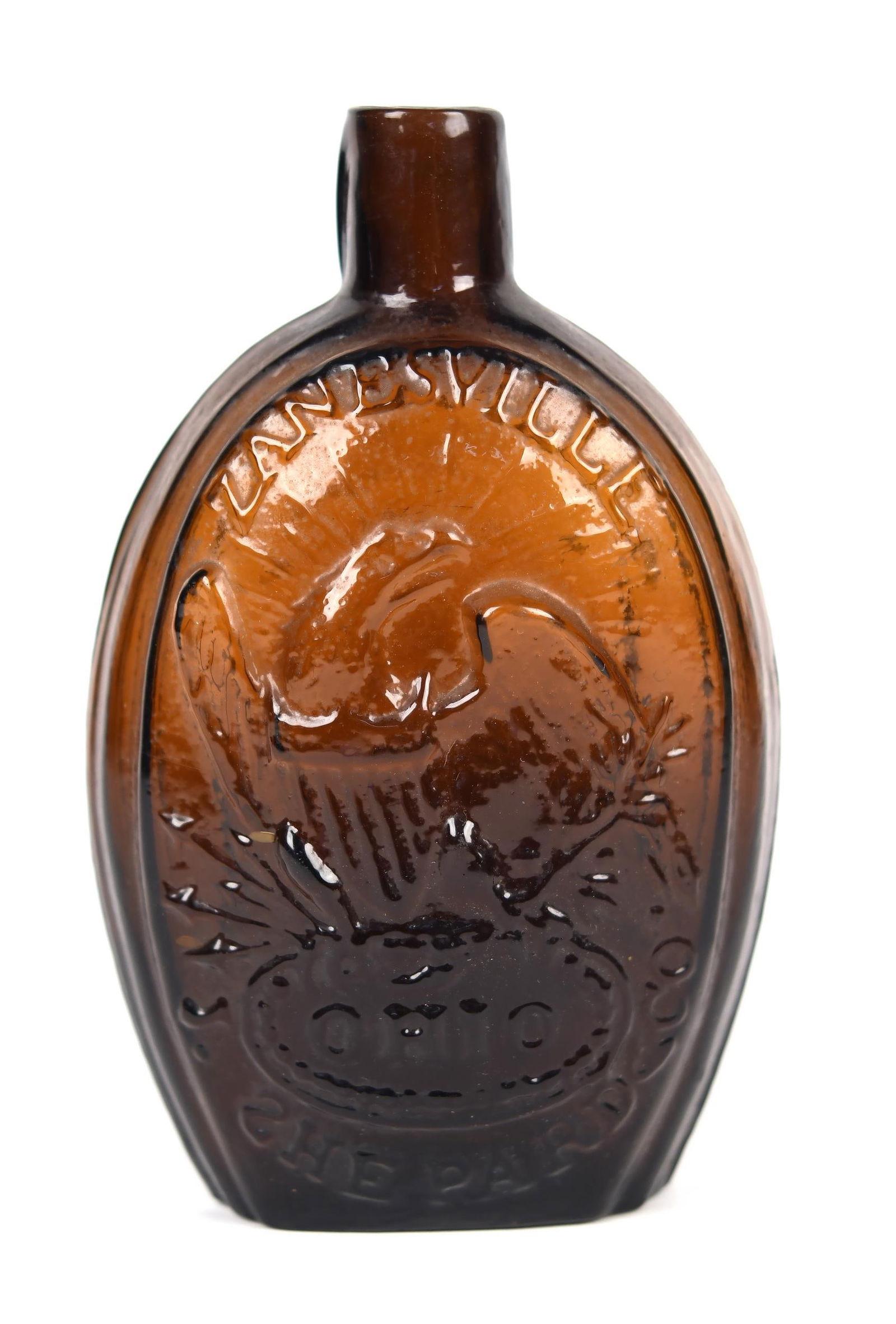 19TH C. ZANESVILLE OHIO AMBER FLASK.: Ca. 1830, Ohio rich amber flask with an eagle and Zanesville Ohio Shepard Co. on one side, other has farming tools with sheath of wheat under arch, 7”H.