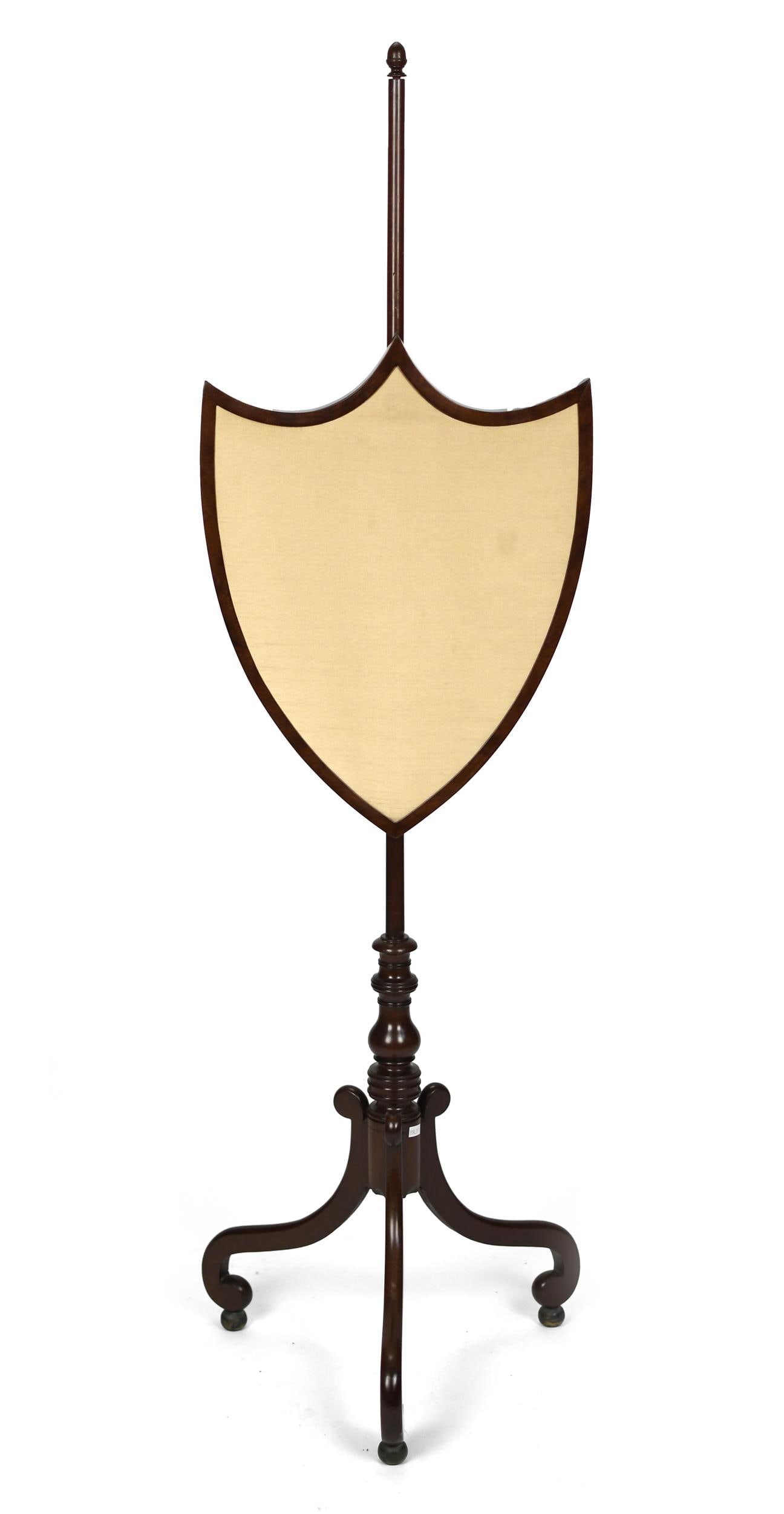 19TH C. BOSTON MAHOGANY FIRE SCREEN.: A ca. 1825-1830 mahogany pole fire screen with an adjustable shield silk lined screen, on a bulbous turned pedestal, with brass ball feet. 56”H x 15”W screen.