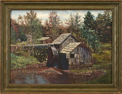 ERIC SLOANE OIL, MILL BUILDING.: Eric Sloane (1905-1985) oil on artist’s board, mill building by river, signed lower right Eric Sloan. Board 11.5” x 16”, Overall 15” x 19”.