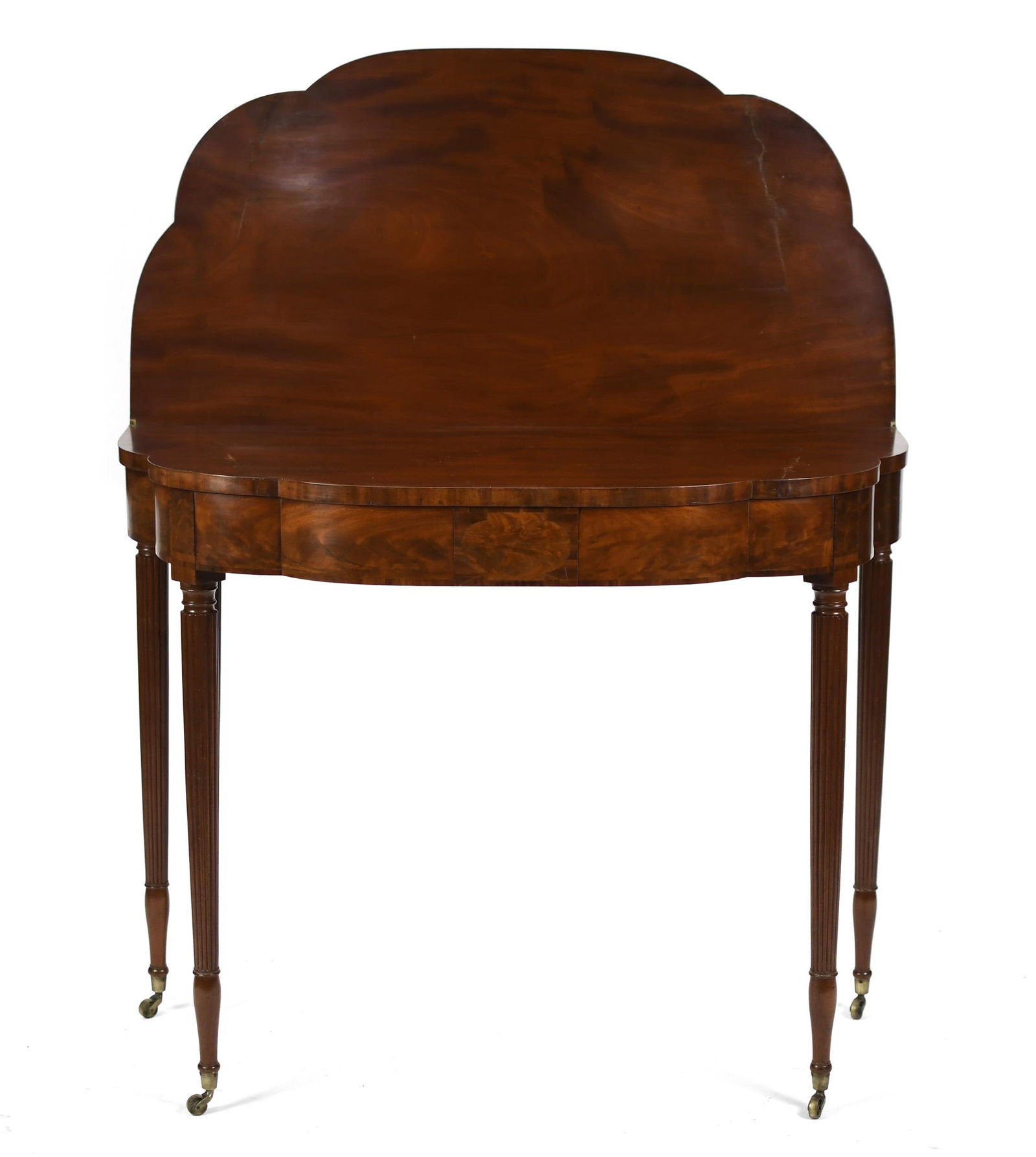 FINE FEDERAL INLAID MAHOGANY NEW YORK CARD TABLE.: Ca. 1805-1810 New York Federal card table with a rare five lobed front, and hinged top, a classic New York five legged base, a conforming apron with oval and banded mahogany inlays, refined reeded leg