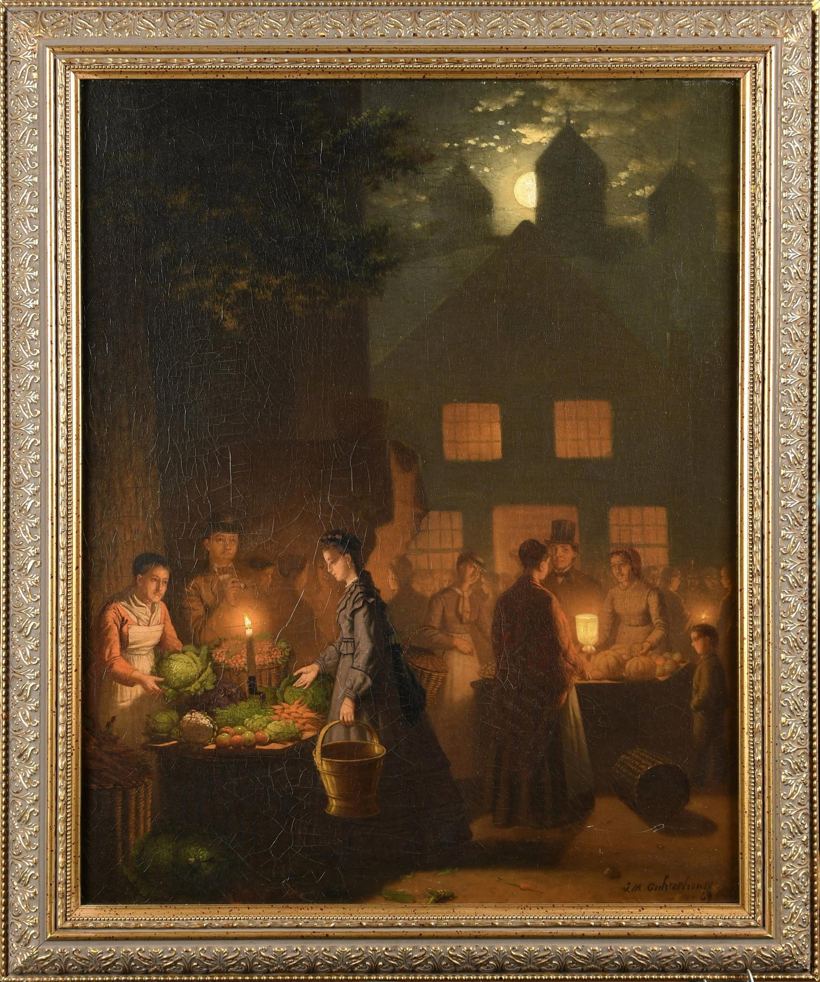 JOHANN M. CULVERHOUSE OIL ON CANVAS, NIGHT MARKET.: Johann M. Culverhouse (1820-1891) oil on canvas, exterior night market taking place by moon and candle light, signed lower right, J.M. Culverhouse ‘69. Canvas 21.25” x 17”, Overall i