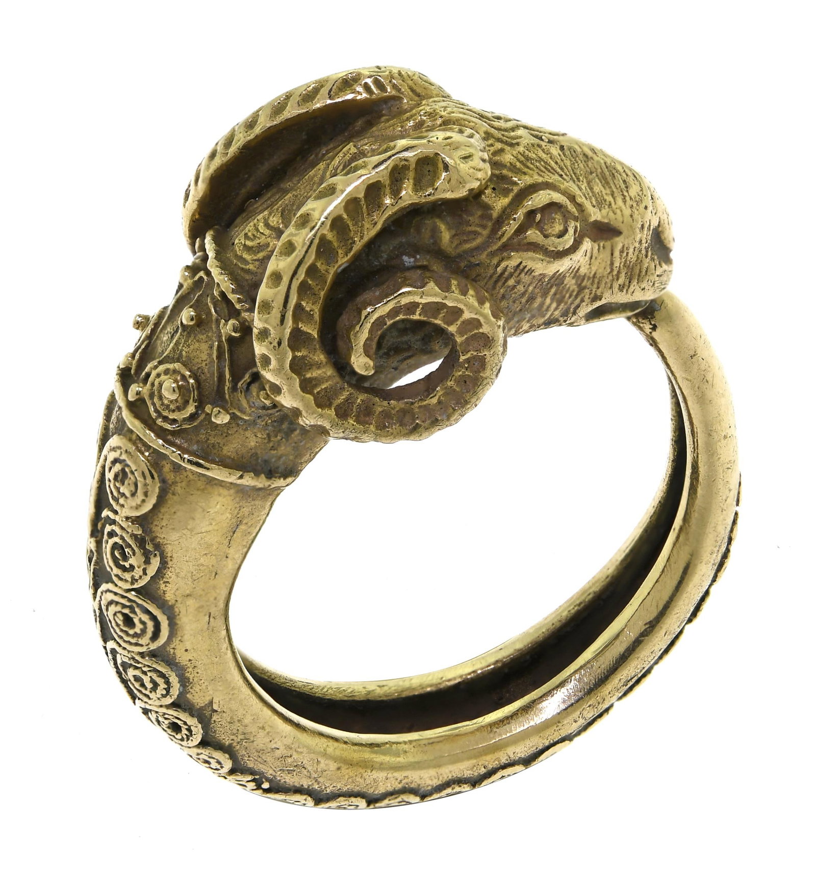 YELLOW GOLD RAM'S HEAD RING.: For the Aries in your life: this ram's head ring tested between 10-14 karat yellow gold, it has fine detail reminiscent of Etruscan jewelry, 12 mm wide at the top, ring size 8, 12.51 grams.