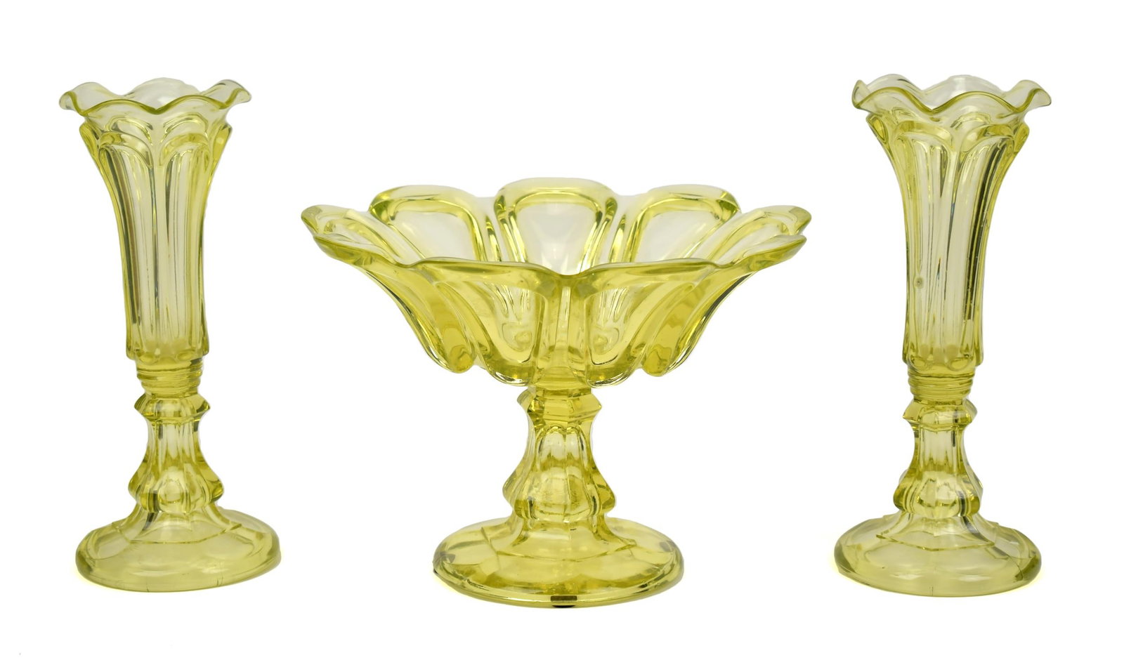 SANDWICH GLASS CANARY YELLOW COMPOTE AND VASES.: 19th C. canary yellow Sandwich glass loop pattern compote, 7.5”H x 10.5” dia.. A pair of 19th C. canary yellow Sandwich glass loop pattern vases, 10”H x 4” dia. at top.