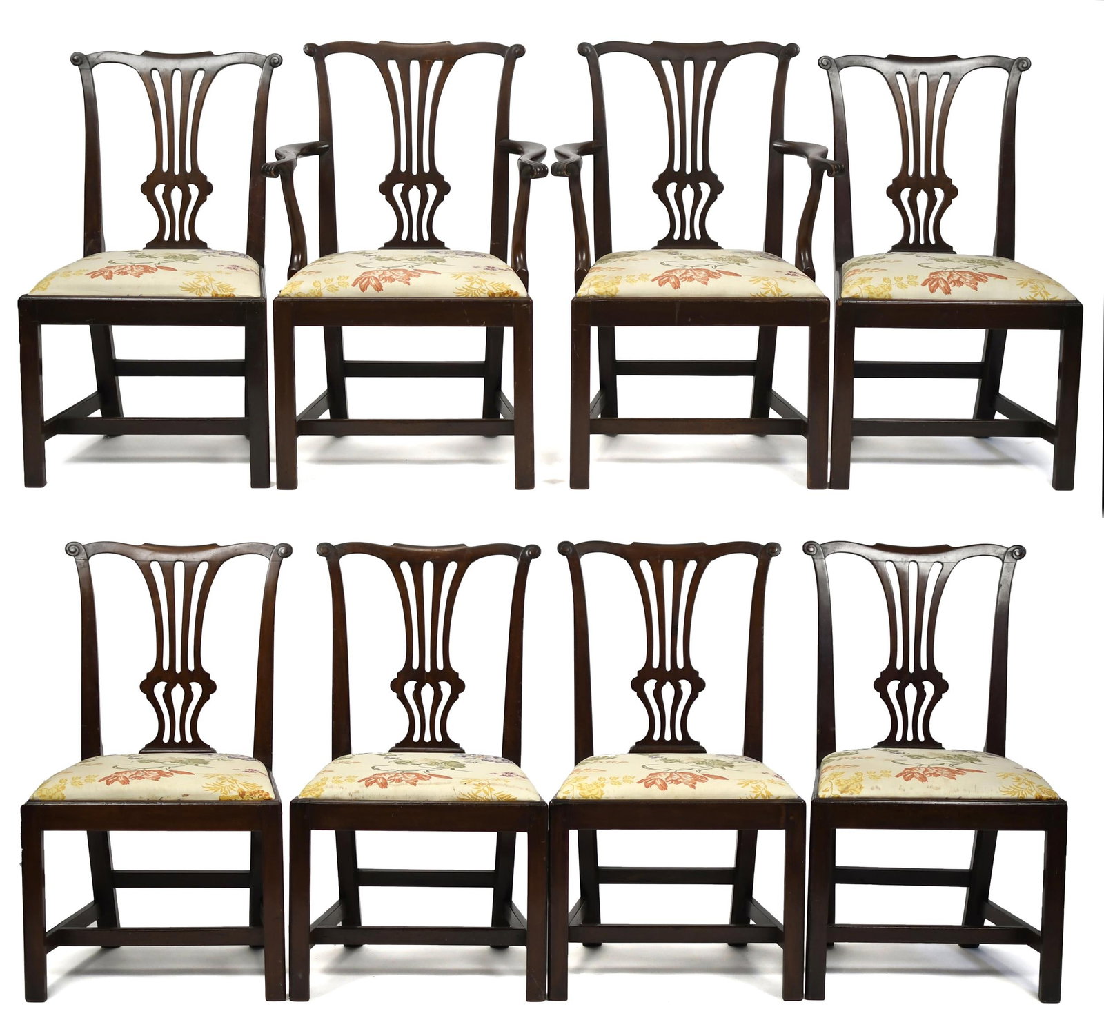 EIGHT VA CHIPPENDALE DINING CHAIRS.: A set of eight Chippendale dining chairs, four 18th C. chairs and four made later to match. Armchairs 37”H x 22”W x 18” seat H. Side chairs 36”H x 21”W x 18” seat H