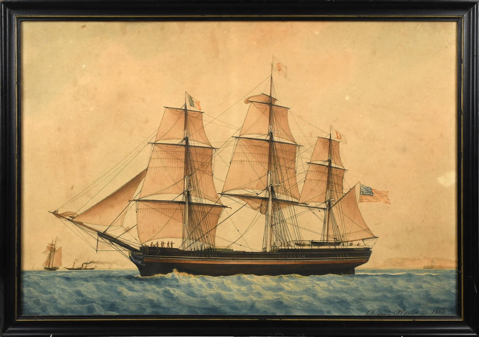 FREDERIC ROUX MARINE WATERCOLOR, MEMPHIS.: Frederic Roux (1805-1870-4) watercolor, portrait of the ship 'Memphis', signed lower right Frederic Roux 1854, Image 15” x 23”, Overall in a vintage black painted frame 17” x 24.75&r
