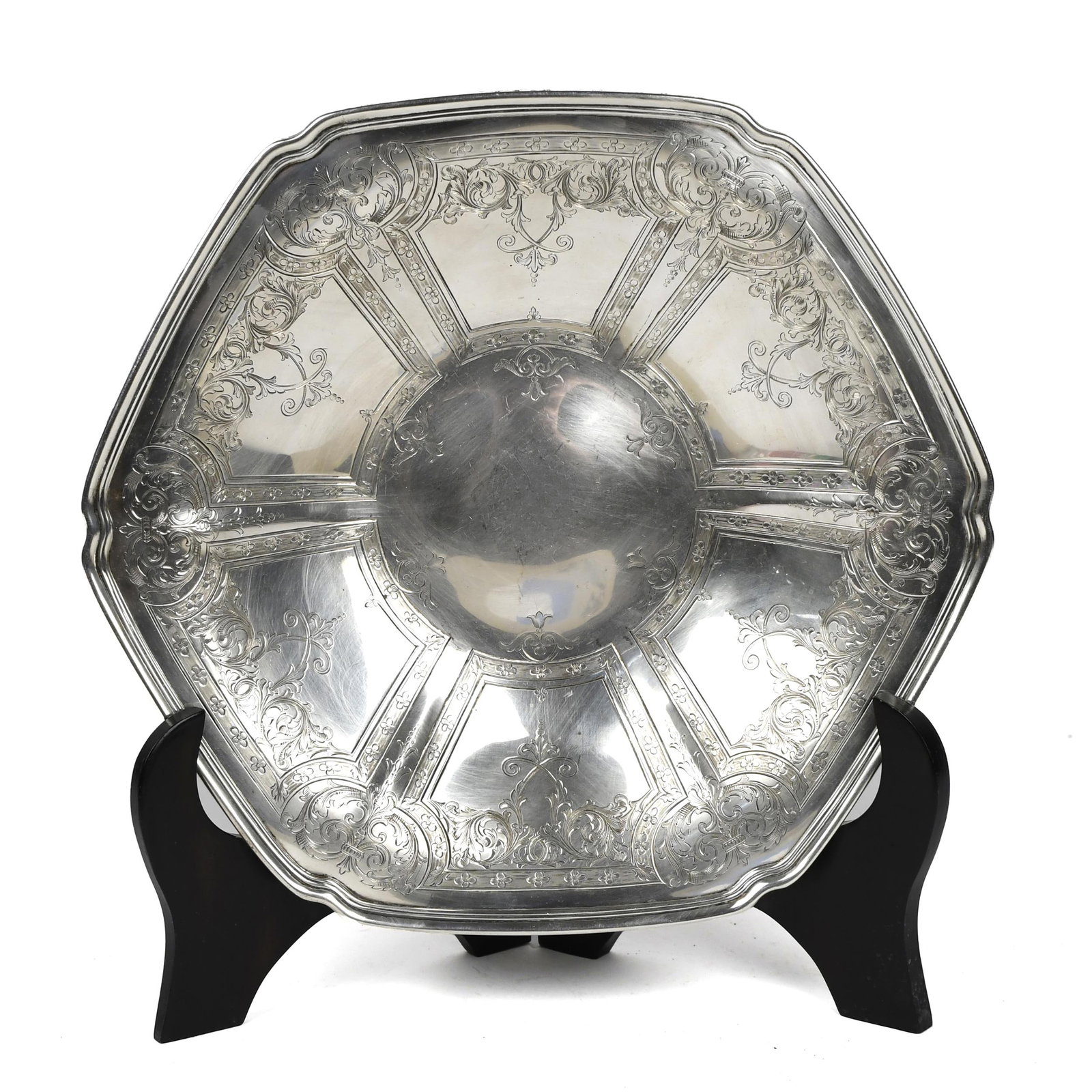 ANTIQUE FOOTED TIFFANY & CO. CHASED STERLING DISH.: An antique hexagonal footed dish with an elegant chased design, signed Tiffany & Co 16981B Sterling Silver 925-1000M. 1 7/8”H x 10”W, 19.7 oz t. .