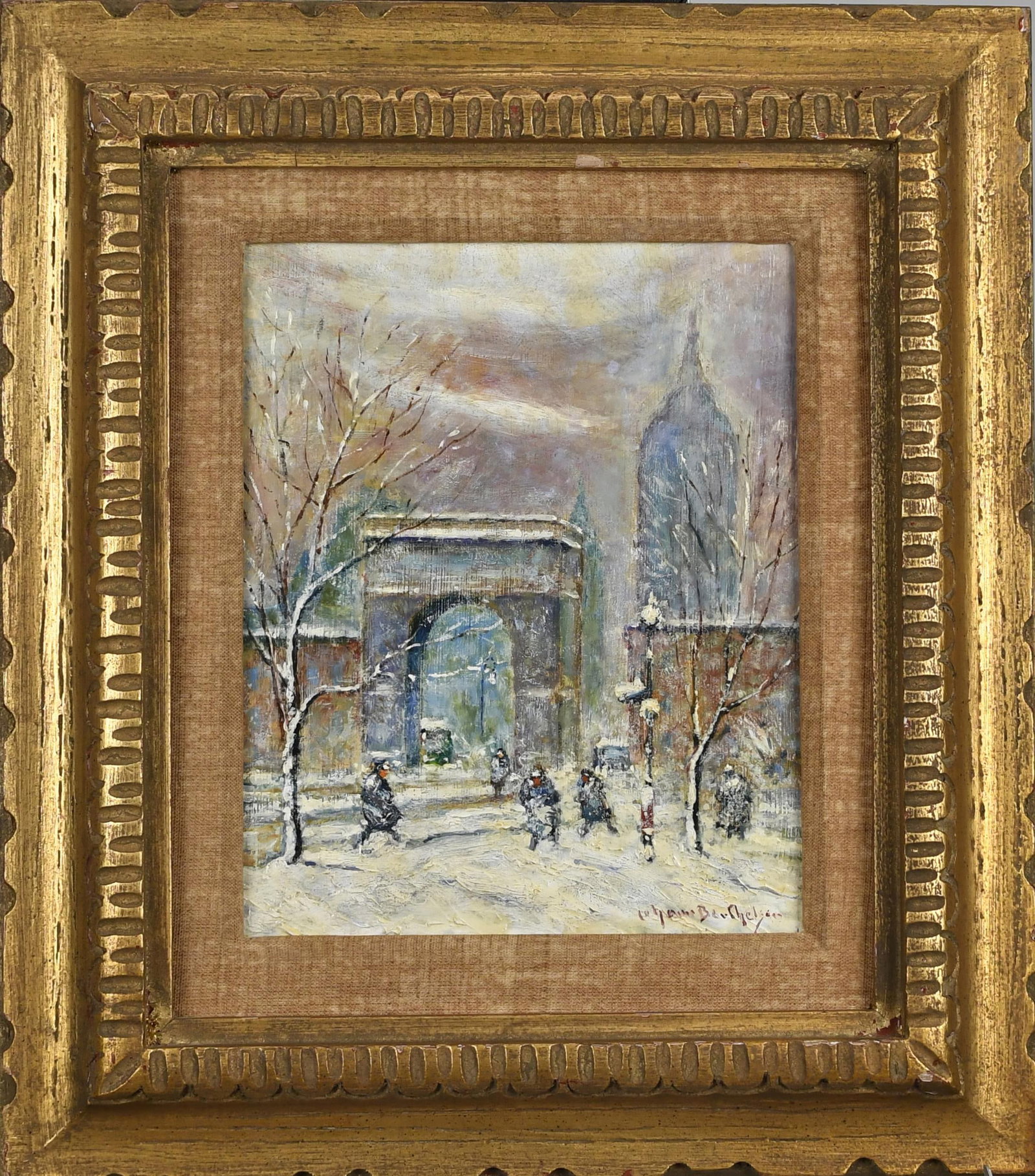 JOHANN BERTHELSEN OIL, WINTER IN WASHINGTON SQUARE.: Johann Berthelsen (1883 - 1972) oil on paper board, winter in Washington Square NYC, signed lower right, Johann Berthelsen. Board 10” x 8”, Overall in gilt frame 16.5” x 14.5”.