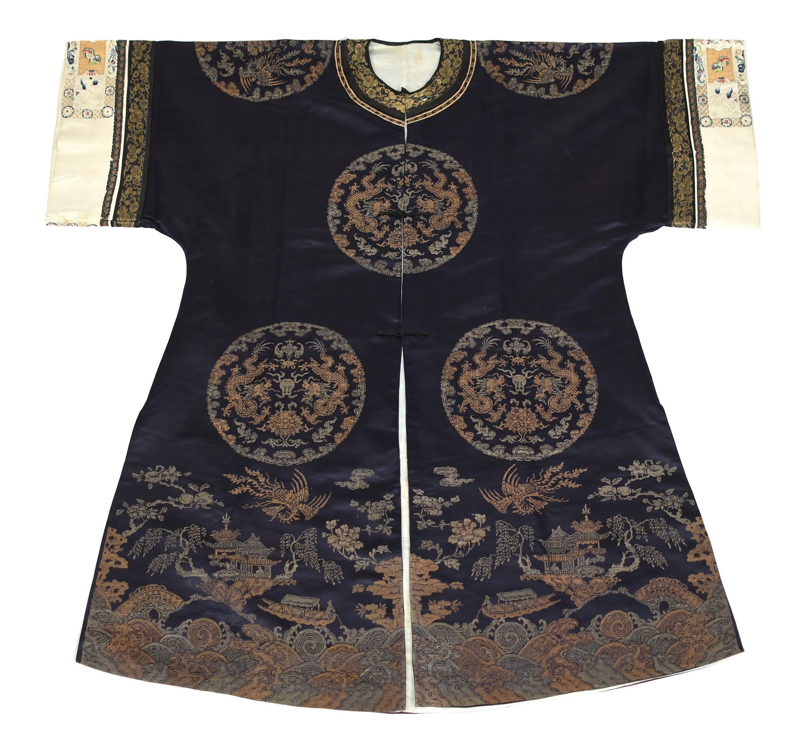QING CHINESE BLUE SILK ROUNDEL DRAGON ROBE.: Ca. 1900-20 Qing Chinese blue silk robe with 8 brocade dragon roundels, embroidered sleeves and scenic bottom, 44”H x 45” W across open arms.
