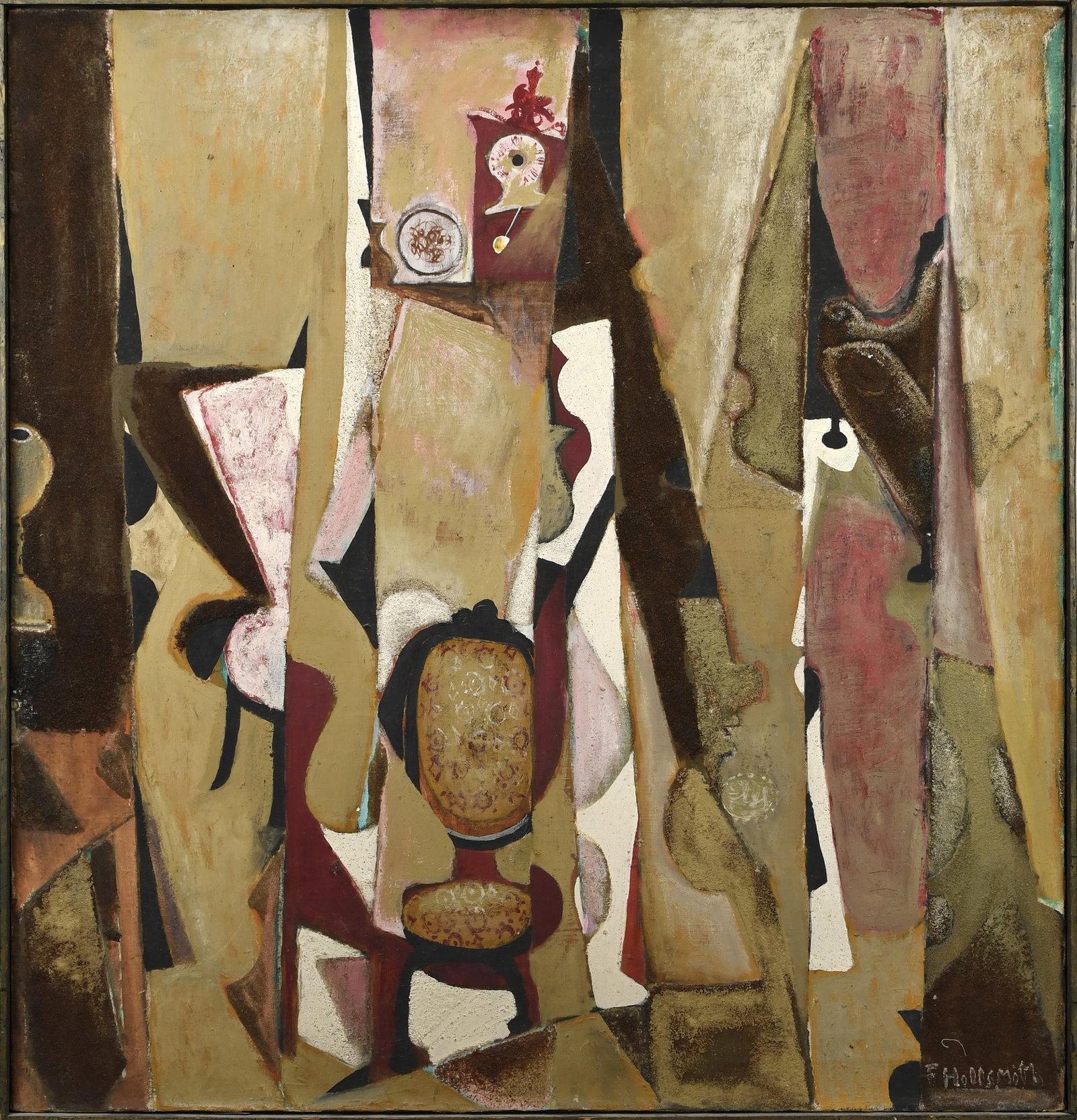 FANNIE HILLSMITH OIL ON CANVAS, ROSE CLOCK, 1953.: Fannie Hillsmith (NY, NH, 1911-2007) oil on canvas, abstract interior view labeled on back with label 'Rose Clock Undated' includes a loan agreement from Black Mountain College (NC) for an exhibition 