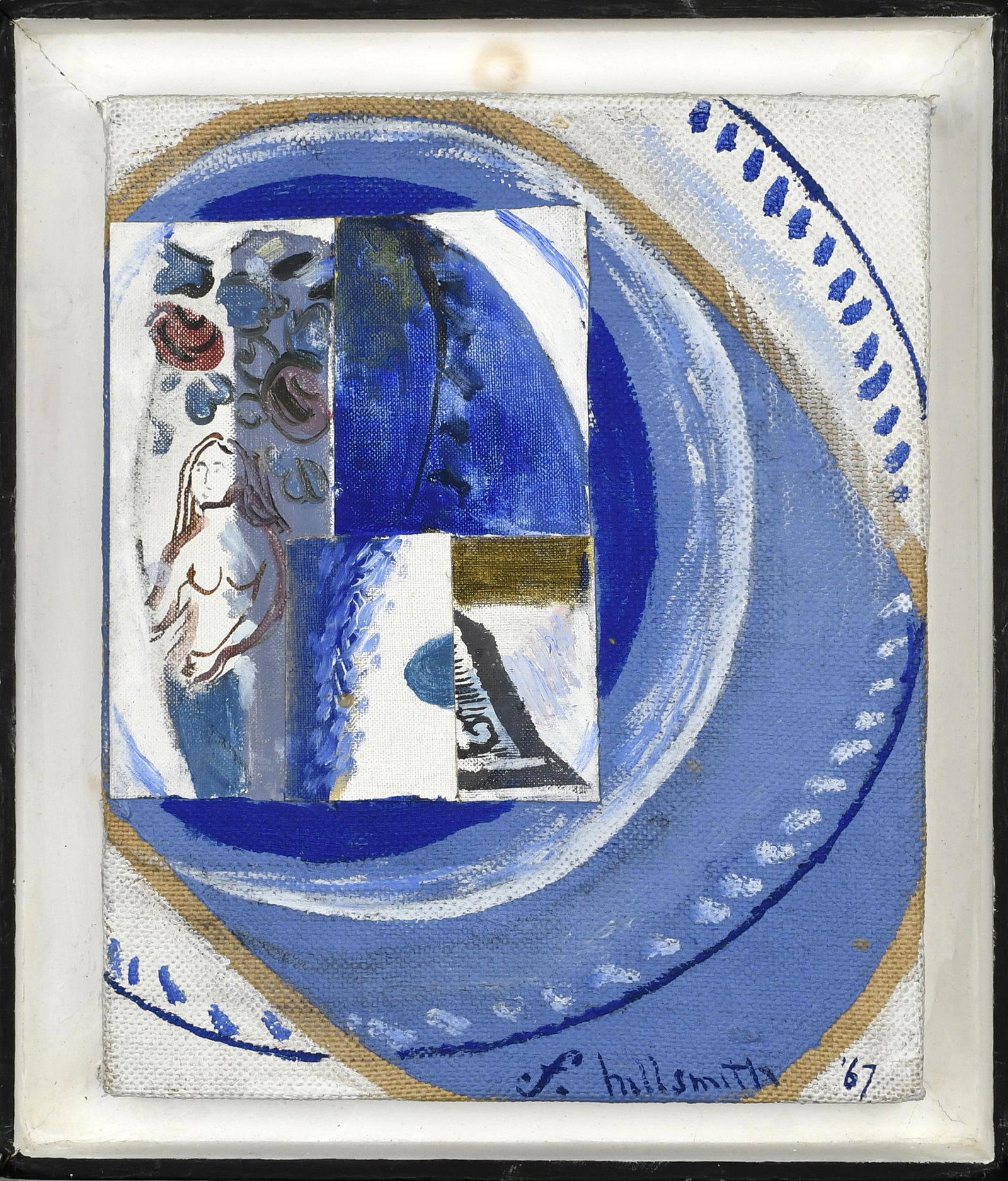FANNIE HILLSMITH OIL, BLUE PLATE, 1967.: Fannie Hillsmith (NY, NH, 1911-2007) oil on canvas, Peridot Gallery Madison Ave label on reverse titles painting 'Blue Plate', numbered on back of canvas '181', signed on canvas, F. Hillsmith 67’