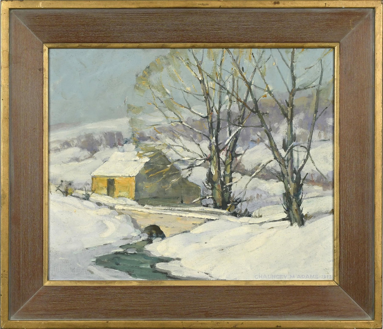 CHAUNCEY ADAMS OIL, WINTER SCENE.: Chauncey M. Adams (1895 - 1965) oil on board, New England winter scene with a yellow barn, signed lower right, Chauncey W. Adams 1946. Board 12.5” x 15.5”, Overall 17.5” x 20.5”