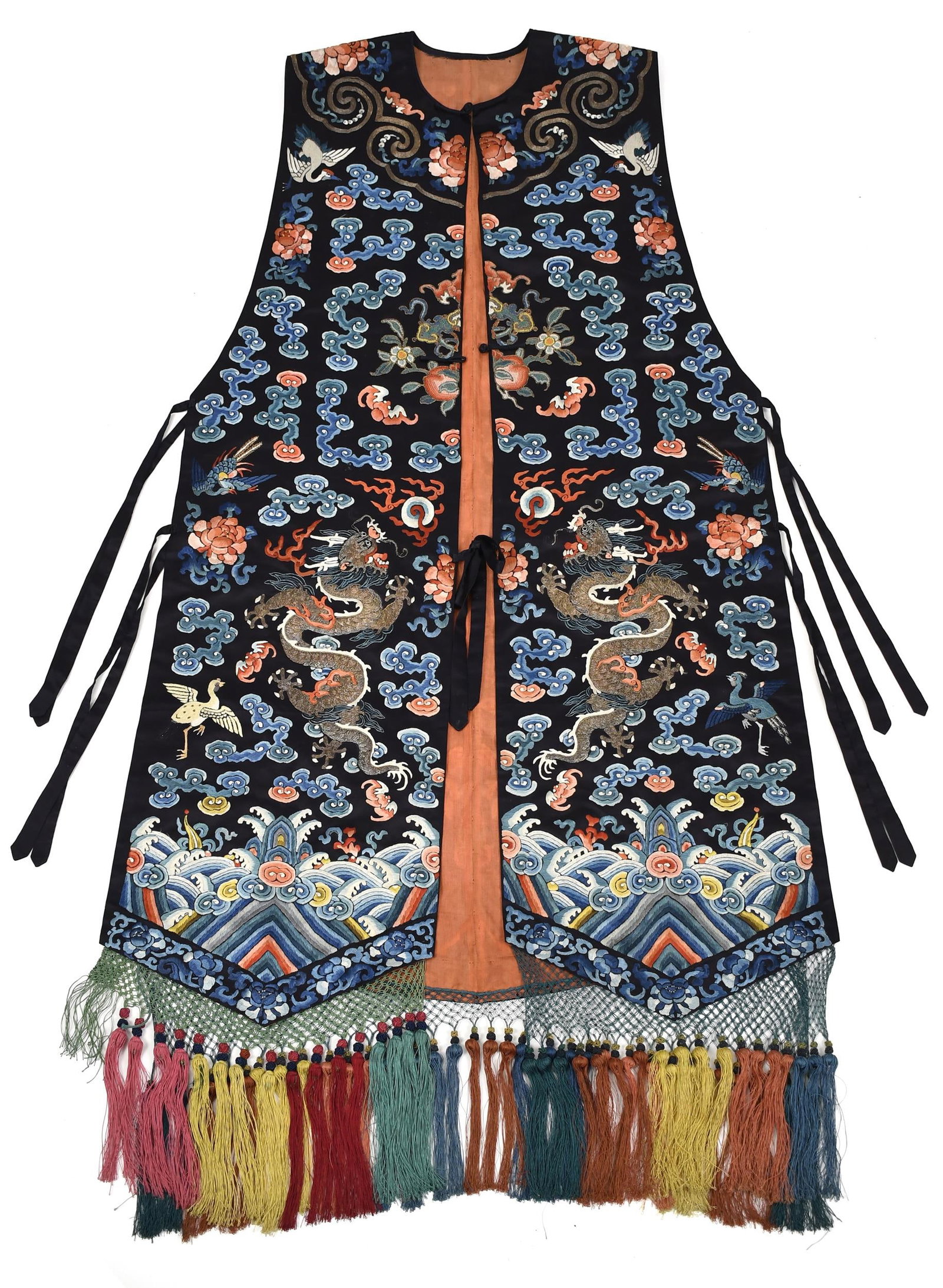 EARLY 20TH C. EMBROIDERED CHINESE XIAPEI WAISTCOAT.: Finely embroidered with depictions of dragons, clouds and waves, the Xiapei or waistcoat/vest has been worn for centuries and has been a staple of formal and common attire.