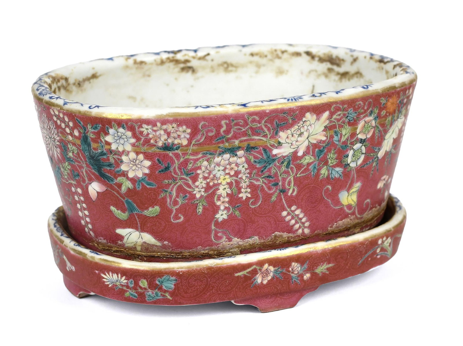 CHINESE GUANGXU PORCELAIN PLANTER.: Late Qing Chinese porcelain polychrome decorated rose planter with under tray. Planter 5”H x 11”W x 8.5”D, under tray 1.5”H x 10.5”W x 8.25”D.