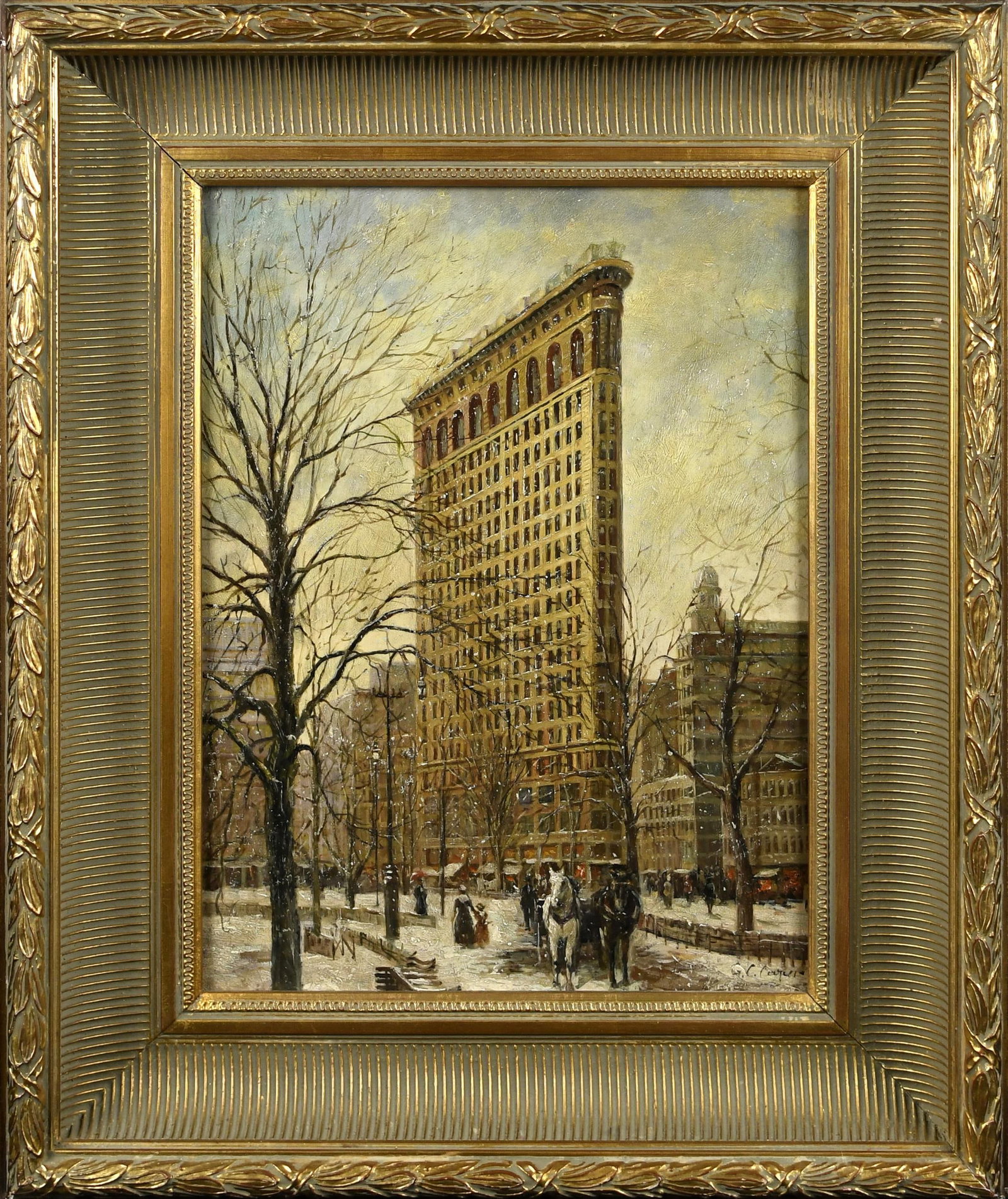 CLAUDE CAHILL COOPER OIL, FLATIRON BUILDING, NYC.: Claude Cahill Cooper (b. 1941) oil on wood board, New York City's iconic Flatiron Building in winter, with figures, horses and carriages, signed lower right, C. C. Cooper. Board 16” x 12”,