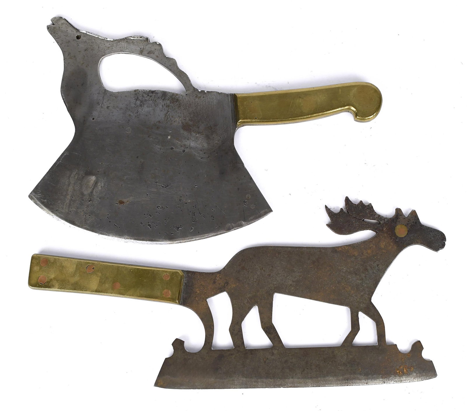 TWO 19TH C. FRENCH FOOD CHOPPERS, STAG AND MOOSE.: Ca. 1840 French food chopper with a stag form blade and a brass handle, 11”L, a moose form chopper with a brass handle, 13”L.